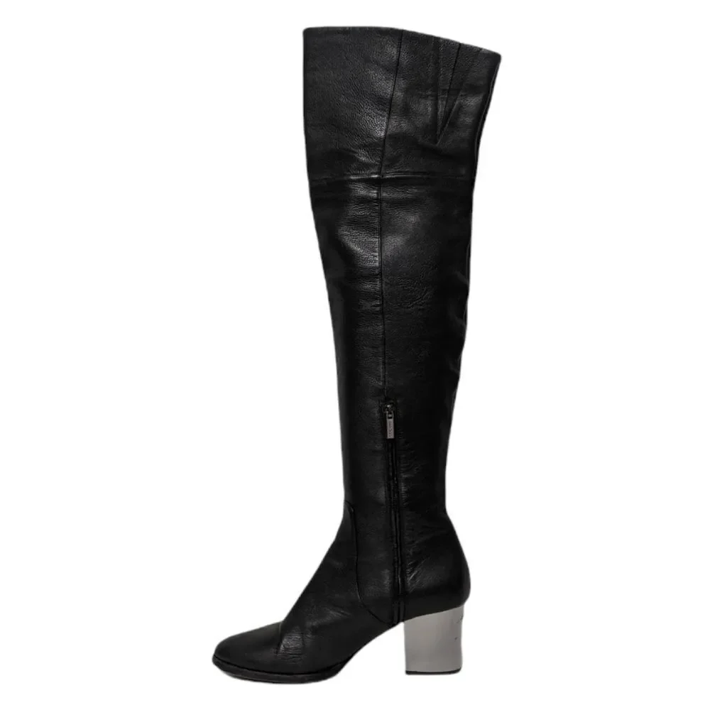 JIMMY CHOO Mercer Over the Knee OTK Leather Silver Block Heel Boots 39.5